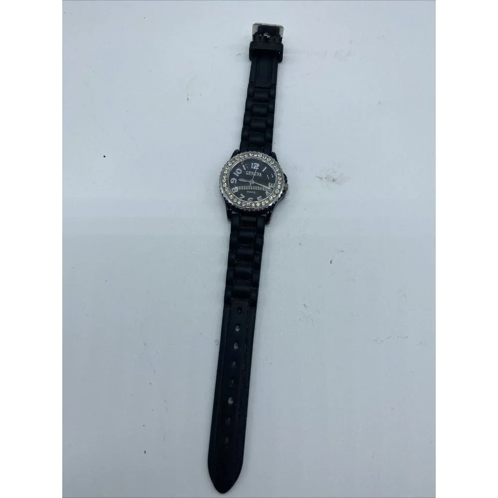 Geneva Wristwatch Women’s Rhinestones Encircled Face Black Silicone Band Classic